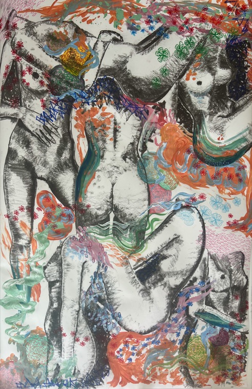 Charcoal figure studies overlaid with vivid orange, green and blue mixed-media marks.