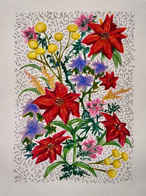 A pastel bouquet of scarlet flowers, yellow buttons and blue cornflowers on a ground of small grey dashes.